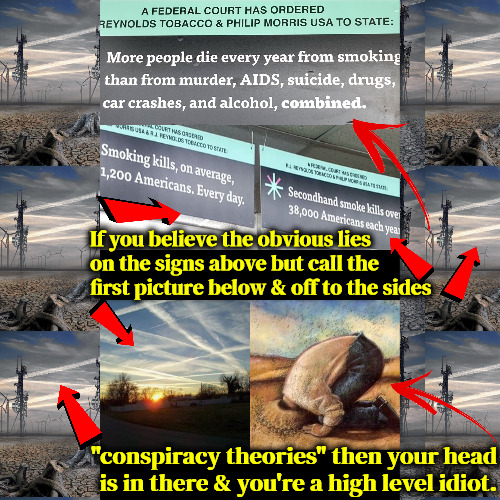 High Level Idiocy | If you believe the obvious lies on the signs above but call the first picture below & off to the sides; "conspiracy theories" then your head is in there & you're a high level idiot. | image tagged in idiots,blind mind,brainwashed,woke,obvious lies,conspiracy theories aren't floating over your head | made w/ Imgflip meme maker