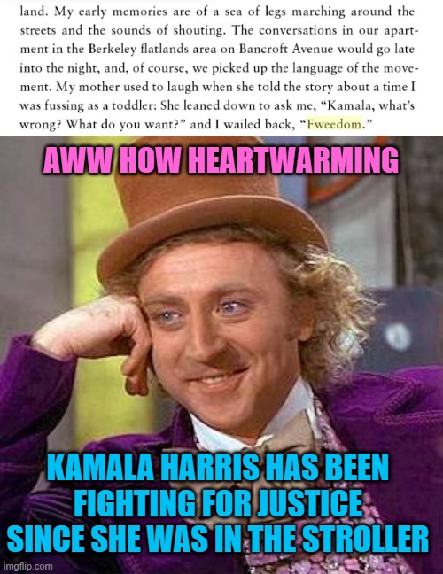 AWW HOW HEARTWARMING; KAMALA HARRIS HAS BEEN FIGHTING FOR JUSTICE SINCE SHE WAS IN THE STROLLER | image tagged in memes,creepy condescending wonka,kamala harris,book,toddler,2024 | made w/ Imgflip meme maker