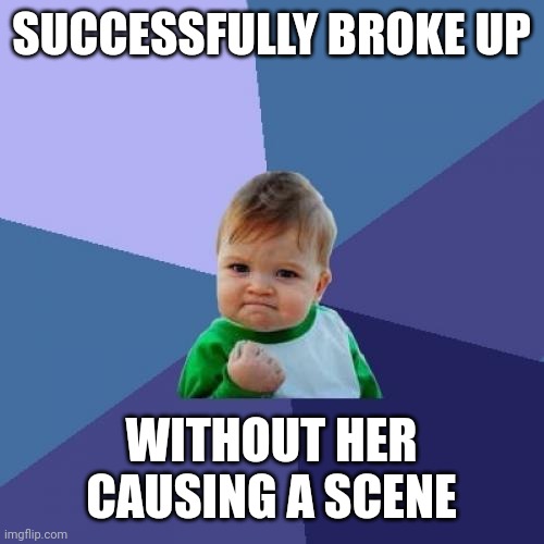 Success gets to the head | SUCCESSFULLY BROKE UP; WITHOUT HER CAUSING A SCENE | image tagged in memes,success kid | made w/ Imgflip meme maker