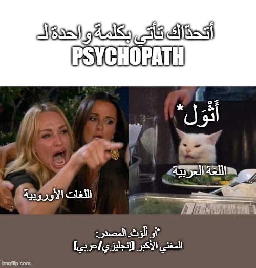 Girl Sceaming at Cat | أتحدّاك تأتي بكلمة واحدة لـ 
PSYCHOPATH; *أَثْوَل; اللغة العربية; اللغات الأوروبية; :أو أَلْوَث. المصدر* المغني الأكبر (إنجليزي/عربي) | image tagged in girl sceaming at cat | made w/ Imgflip meme maker