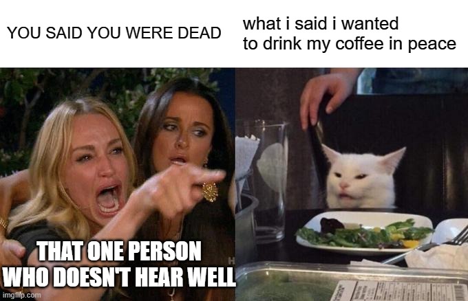 Woman Yelling At Cat Meme | YOU SAID YOU WERE DEAD; what i said i wanted to drink my coffee in peace; THAT ONE PERSON WHO DOESN'T HEAR WELL | image tagged in memes,woman yelling at cat | made w/ Imgflip meme maker