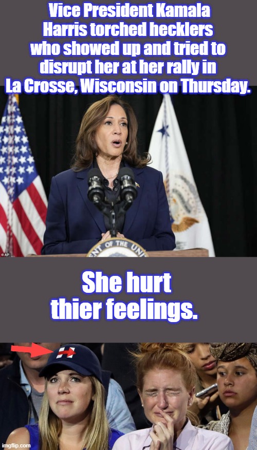 Vice President Kamala Harris torched hecklers who showed up and tried to disrupt her at her rally in La Crosse, Wisconsin on Thursday. She hurt thier feelings. | made w/ Imgflip meme maker