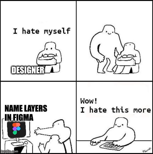 I hate Figma | DESIGNER; NAME LAYERS IN FIGMA | image tagged in i hate myself,figma,designer life,ux design | made w/ Imgflip meme maker