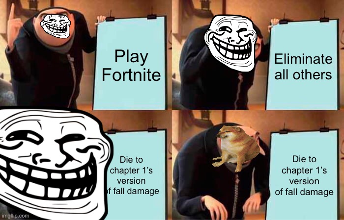 I hated chapter 1’s crazy punishable fall damage | Play Fortnite; Eliminate all others; Die to chapter 1’s version of fall damage; Die to chapter 1’s version of fall damage | image tagged in memes,gru's plan | made w/ Imgflip meme maker