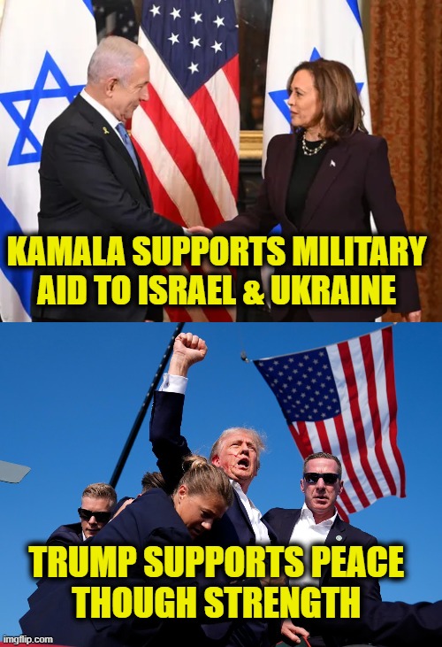 No more war! | KAMALA SUPPORTS MILITARY AID TO ISRAEL & UKRAINE; TRUMP SUPPORTS PEACE
THOUGH STRENGTH | image tagged in kamala harris,donald trump | made w/ Imgflip meme maker