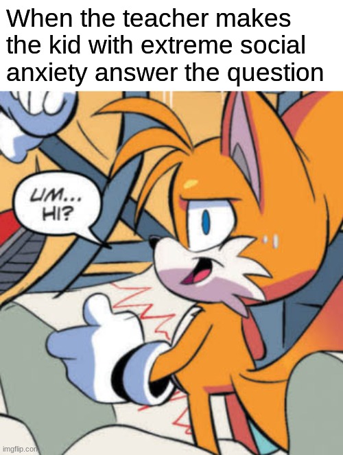 It just happened and I felt sooo badd for them :( | When the teacher makes the kid with extreme social anxiety answer the question | image tagged in tails um hi | made w/ Imgflip meme maker