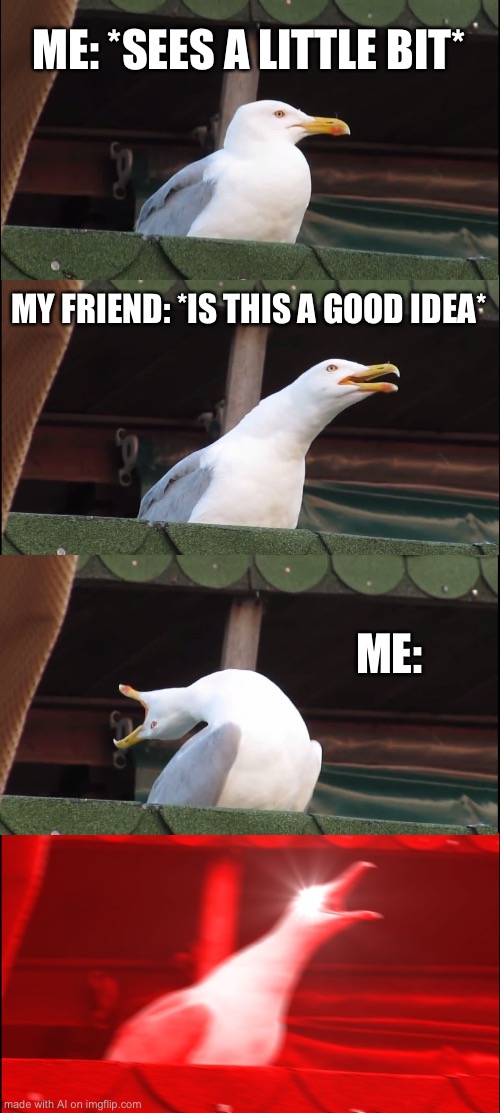 Inhaling Seagull | ME: *SEES A LITTLE BIT*; MY FRIEND: *IS THIS A GOOD IDEA*; ME: | image tagged in memes,inhaling seagull | made w/ Imgflip meme maker