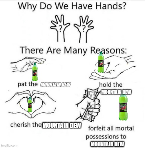 Why Do We Have Hands | MOUNTAIN DEW MOUNTAIN DEW MOUNTAIN DEW MOUNTAIN DEW | image tagged in why do we have hands | made w/ Imgflip meme maker