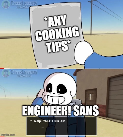 Wut | *ANY COOKING TIPS*; ENGINEER! SANS | image tagged in sans welp that's useless,engineertale,engineer sans | made w/ Imgflip meme maker