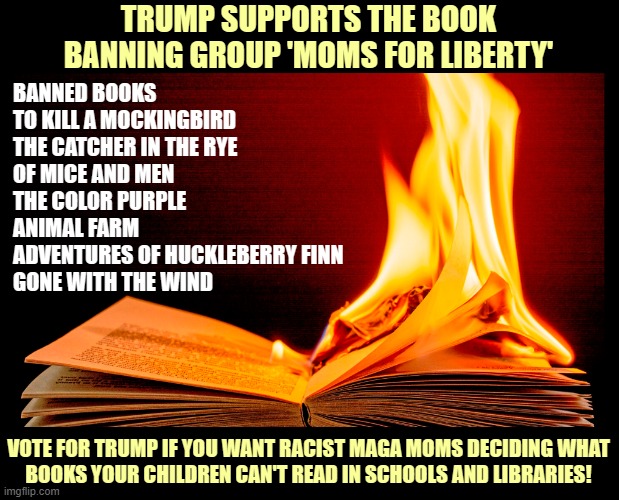 TRUMP SUPPORTS THE BOOK BANNING GROUP 'MOMS FOR LIBERTY'; BANNED BOOKS 
TO KILL A MOCKINGBIRD
THE CATCHER IN THE RYE
OF MICE AND MEN
THE COLOR PURPLE
ANIMAL FARM
ADVENTURES OF HUCKLEBERRY FINN
GONE WITH THE WIND; VOTE FOR TRUMP IF YOU WANT RACIST MAGA MOMS DECIDING WHAT

BOOKS YOUR CHILDREN CAN'T READ IN SCHOOLS AND LIBRARIES! | image tagged in donald trump,maga,racists,moms,banned,books | made w/ Imgflip meme maker