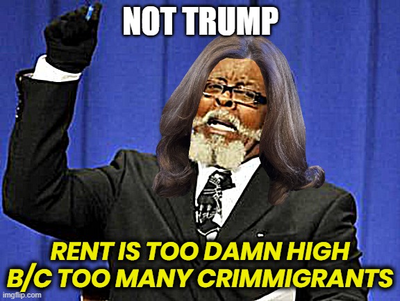 NOT TRUMP - HIGH RENT | NOT TRUMP; RENT IS TOO DAMN HIGH B/C TOO MANY CRIMMIGRANTS | image tagged in not trump,kamala harris,biden,coup,liar,disloyal | made w/ Imgflip meme maker