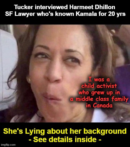 She ain't what she claims.Tucker Interview | I was a child activist
who grew up in a middle class family
in Canada | image tagged in kamala harris | made w/ Imgflip meme maker