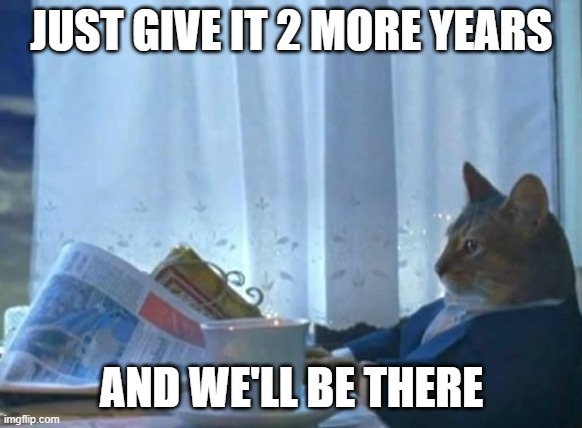 Cat newspaper | JUST GIVE IT 2 MORE YEARS AND WE'LL BE THERE | image tagged in cat newspaper | made w/ Imgflip meme maker