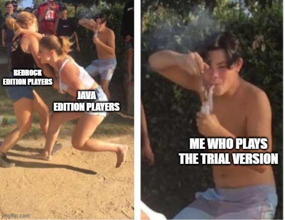 Yes, I'm probably the only one to play it because I'm some cheapskate | BEDROCK EDITION PLAYERS; JAVA EDITION PLAYERS; ME WHO PLAYS THE TRIAL VERSION | image tagged in dabbing dude,memes,java,minecraft | made w/ Imgflip meme maker