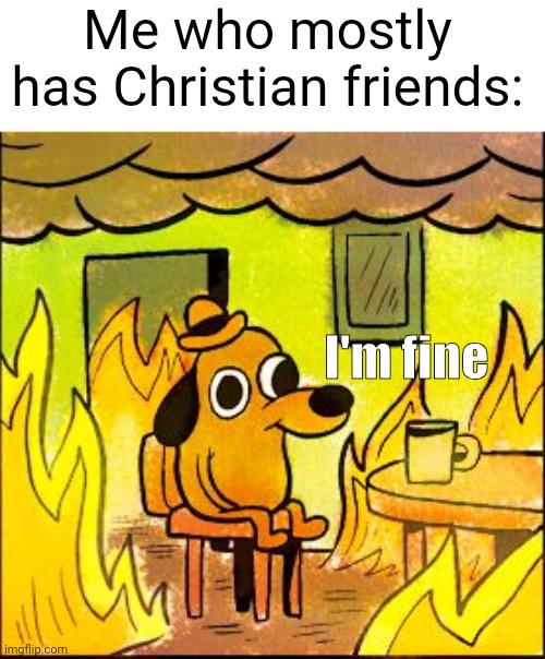 This is fine | Me who mostly has Christian friends: I'm fine | image tagged in this is fine | made w/ Imgflip meme maker