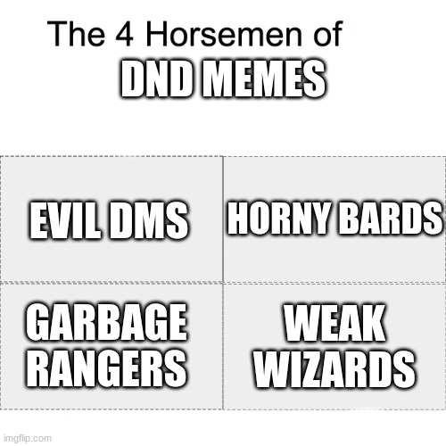 Four Horsemen | DND MEMES; HORNY BARDS; EVIL DMS; GARBAGE RANGERS; WEAK WIZARDS | image tagged in four horsemen,dnd,memes | made w/ Imgflip meme maker