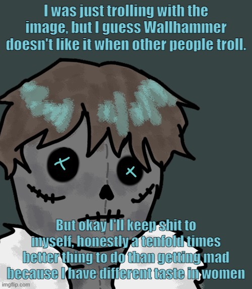 My apologize everyone | I was just trolling with the image, but I guess Wallhammer doesn't like it when other people troll. But okay I'll keep shit to myself, honestly a tenfold times better thing to do than getting mad because I have different taste in women | image tagged in osde plush thanks disco | made w/ Imgflip meme maker