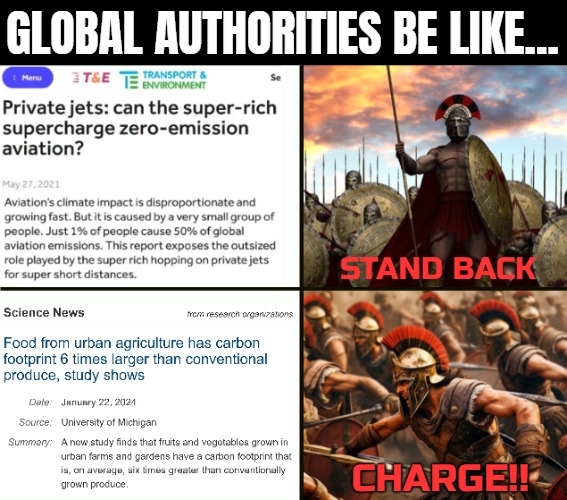 GLOBAL AUTHORITIES BE LIKE... STAND BACK; CHARGE!! | image tagged in carbon footprint,politics | made w/ Imgflip meme maker