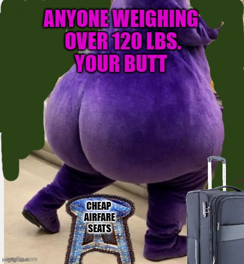 Economy Air | ANYONE WEIGHING
 OVER 120 LBS.
YOUR BUTT; CHEAP 
AIRFARE
SEATS | image tagged in purple butt | made w/ Imgflip meme maker