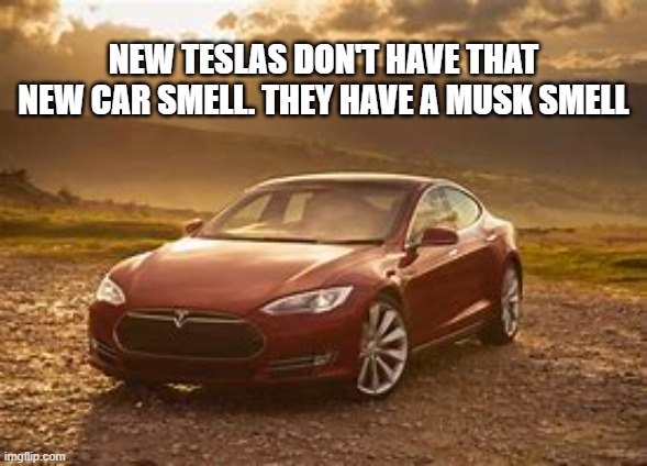 memes by Brad - Tesla's don't have that new car smell. They have a musk smell. | NEW TESLAS DON'T HAVE THAT NEW CAR SMELL. THEY HAVE A MUSK SMELL | image tagged in funny,elon musk,tesla,humor,play on words,smell | made w/ Imgflip meme maker