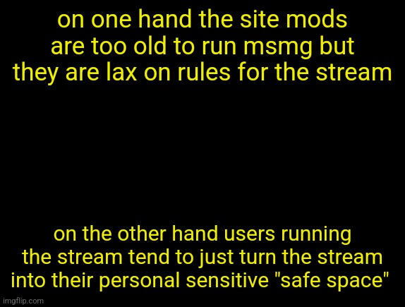 Which one is better in your opinion | on one hand the site mods are too old to run msmg but they are lax on rules for the stream; on the other hand users running the stream tend to just turn the stream into their personal sensitive "safe space" | image tagged in cyrus temp | made w/ Imgflip meme maker