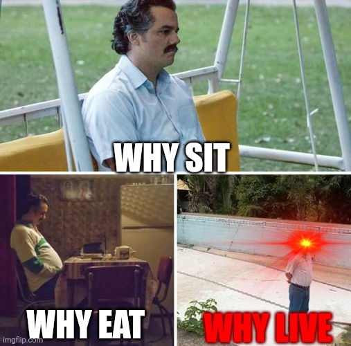 Sad Pablo Escobar | WHY SIT; WHY EAT; WHY LIVE | image tagged in memes,sad pablo escobar | made w/ Imgflip meme maker