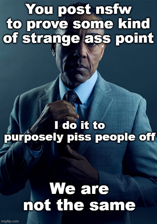 Gus Fring we are not the same | You post nsfw to prove some kind of strange ass point; I do it to purposely piss people off; We are not the same | image tagged in gus fring we are not the same | made w/ Imgflip meme maker