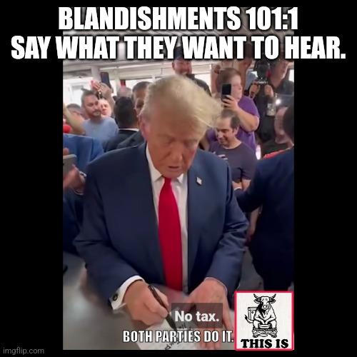 False promises | BLANDISHMENTS 101:1
SAY WHAT THEY WANT TO HEAR. BOTH PARTIES DO IT. | image tagged in donald trump,politicians,lie,republicans,democrats | made w/ Imgflip meme maker