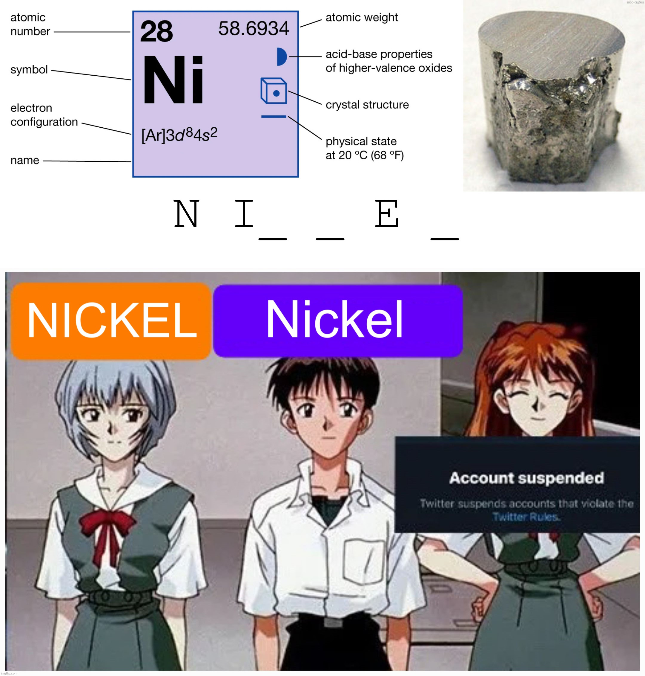 Wrong answers only. | N I_ _ E _ | image tagged in chemistry,facepalm,dark humor,neon genesis evangelion,anime,wtf | made w/ Imgflip meme maker