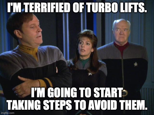 Barclay and Turbo Lifts | I'M TERRIFIED OF TURBO LIFTS. I’M GOING TO START TAKING STEPS TO AVOID THEM. | image tagged in barclay with troi and admiral paris | made w/ Imgflip meme maker