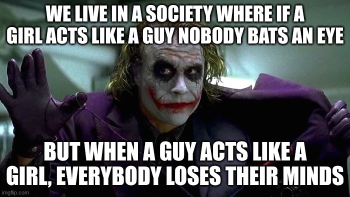 We live in a society | WE LIVE IN A SOCIETY WHERE IF A GIRL ACTS LIKE A GUY NOBODY BATS AN EYE; BUT WHEN A GUY ACTS LIKE A GIRL, EVERYBODY LOSES THEIR MINDS | image tagged in we live in a society | made w/ Imgflip meme maker