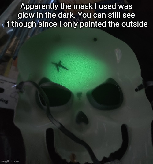 Probably gonna set up the decorations today since all the painting is done | Apparently the mask I used was glow in the dark. You can still see it though since I only painted the outside | made w/ Imgflip meme maker