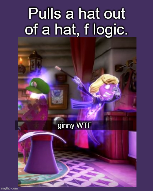 Luigi's mansion logic | Pulls a hat out of a hat, f logic. ginny WTF | image tagged in funny,luigi's mansion 3,cartoon logic | made w/ Imgflip meme maker