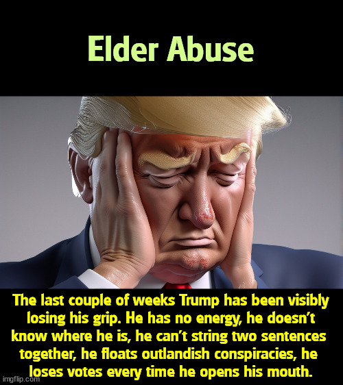 Send him to A Place for Mom. He might like to protect them. | Elder Abuse; The last couple of weeks Trump has been visibly
 losing his grip. He has no energy, he doesn't 
know where he is, he can't string two sentences 
together, he floats outlandish conspiracies, he 
loses votes every time he opens his mouth. | image tagged in trump,old,elderly,tired,incompetence | made w/ Imgflip meme maker