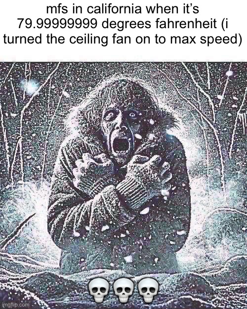 cold ? | mfs in california when it’s 79.99999999 degrees fahrenheit (i turned the ceiling fan on to max speed); 💀💀💀 | image tagged in fun | made w/ Imgflip meme maker