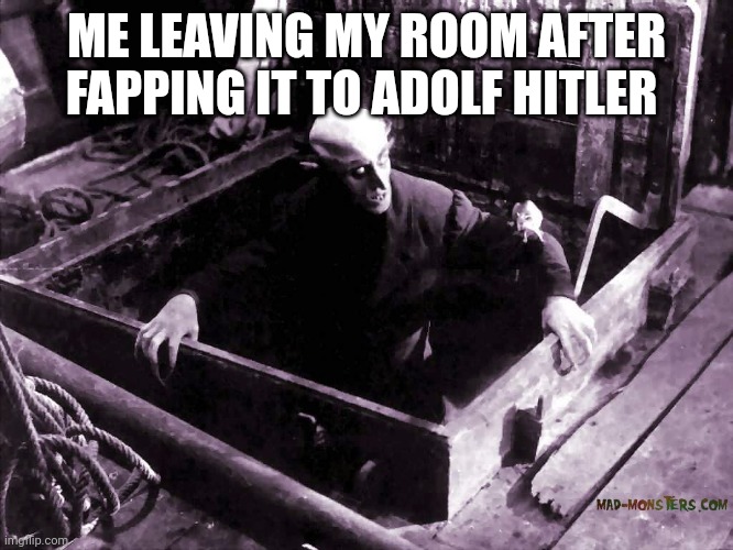 nosferatu emerging from ship | ME LEAVING MY ROOM AFTER FAPPING IT TO ADOLF HITLER | image tagged in nosferatu emerging from ship | made w/ Imgflip meme maker