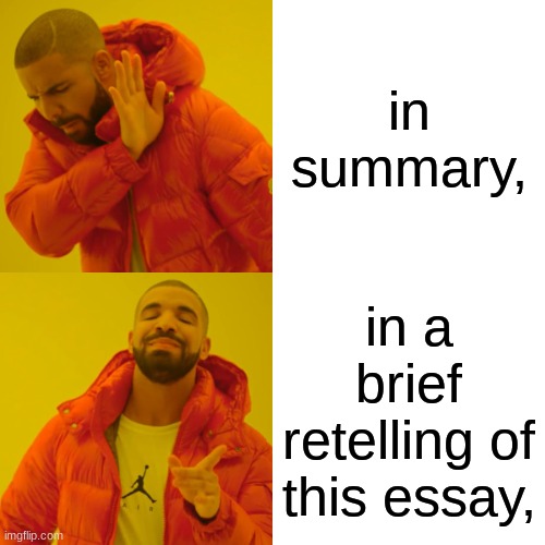 Drake Hotline Bling | in summary, in a brief retelling of this essay, | image tagged in memes,drake hotline bling | made w/ Imgflip meme maker