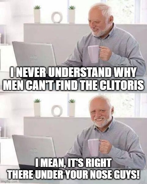 Can't Find It | I NEVER UNDERSTAND WHY MEN CAN'T FIND THE CLITORIS; I MEAN, IT'S RIGHT THERE UNDER YOUR NOSE GUYS! | image tagged in memes,hide the pain harold | made w/ Imgflip meme maker