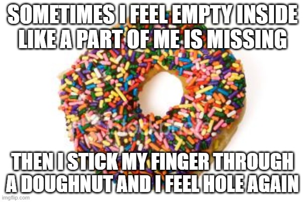 Feel a Hole | SOMETIMES I FEEL EMPTY INSIDE LIKE A PART OF ME IS MISSING; THEN I STICK MY FINGER THROUGH A DOUGHNUT AND I FEEL HOLE AGAIN | image tagged in donut | made w/ Imgflip meme maker