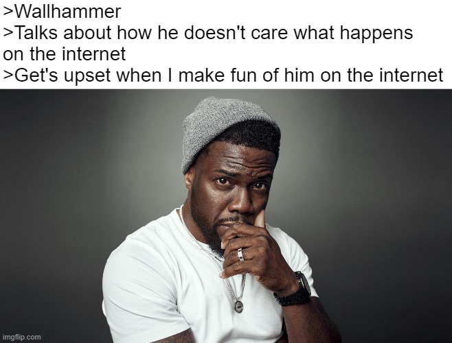 Kevin hart | >Wallhammer
>Talks about how he doesn't care what happens on the internet
>Get's upset when I make fun of him on the internet | image tagged in kevin hart | made w/ Imgflip meme maker