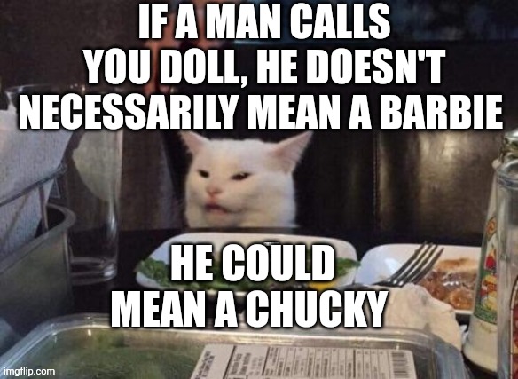 Smudge that darn cat | IF A MAN CALLS YOU DOLL, HE DOESN'T NECESSARILY MEAN A BARBIE; HE COULD MEAN A CHUCKY | image tagged in smudge that darn cat | made w/ Imgflip meme maker