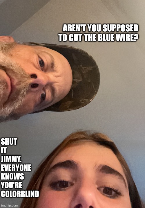 Blue Wire | AREN'T YOU SUPPOSED TO CUT THE BLUE WIRE? SHUT IT JIMMY. EVERYONE KNOWS YOU'RE COLORBLIND | image tagged in funny | made w/ Imgflip meme maker