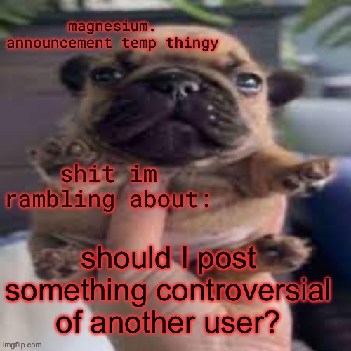 pug temp | should I post something controversial of another user? | image tagged in pug temp | made w/ Imgflip meme maker