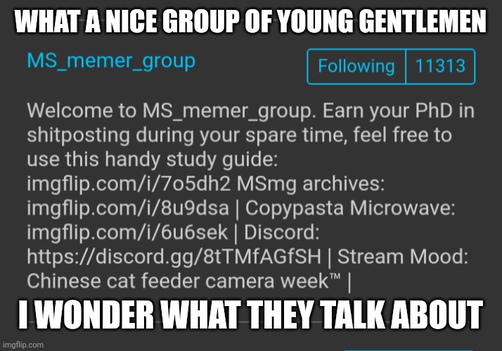 WHAT A NICE GROUP OF YOUNG GENTLEMEN; I WONDER WHAT THEY TALK ABOUT | made w/ Imgflip meme maker