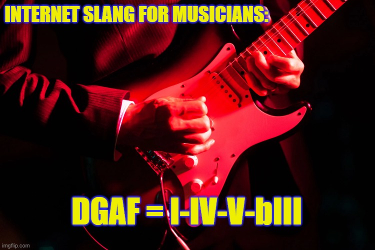 DGAF | INTERNET SLANG FOR MUSICIANS:; DGAF = I-IV-V-bIII | image tagged in internet slang,music,musicians,guitar | made w/ Imgflip meme maker