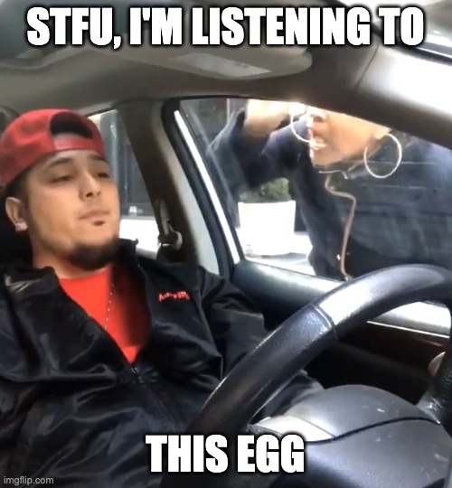 stfu im listening to | STFU, I'M LISTENING TO THIS EGG | image tagged in stfu im listening to | made w/ Imgflip meme maker