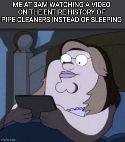 I bet you're seeing this at 3am | ME AT 3AM WATCHING A VIDEO ON THE ENTIRE HISTORY OF PIPE CLEANERS INSTEAD OF SLEEPING | image tagged in peter griffin on his phone in bed | made w/ Imgflip meme maker