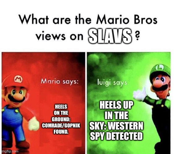 Boris’ and Anatoli’s opinion | SLAVS; HEELS ON THE GROUND: COMRADE/GOPNIK FOUND. HEELS UP IN THE SKY: WESTERN SPY DETECTED | image tagged in mario bros views,slavs,gopnik,life of boris,anatoli,boris | made w/ Imgflip meme maker