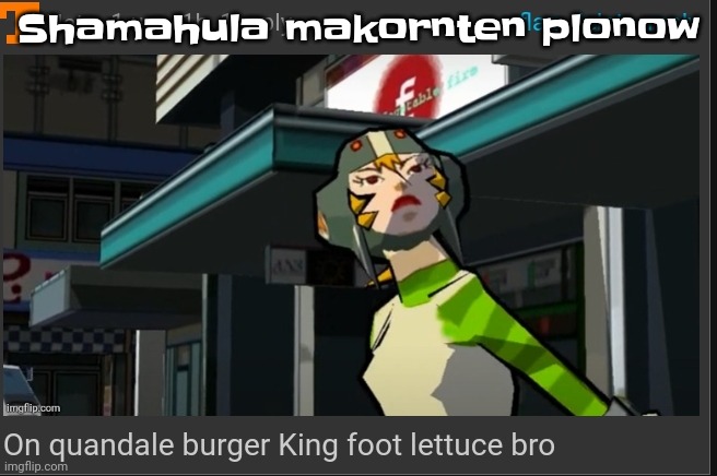 Aquien aklon aquien | Shamahula makornten plonow | image tagged in on quandale burger king foot lettuce bro | made w/ Imgflip meme maker