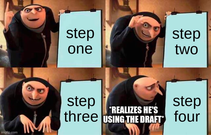 Gru's Plan Meme | step one; step two; step three; step four; *REALIZES HE'S USING THE DRAFT* | image tagged in memes,gru's plan | made w/ Imgflip meme maker